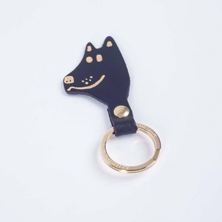 Dog Head Leather Keyring In Black