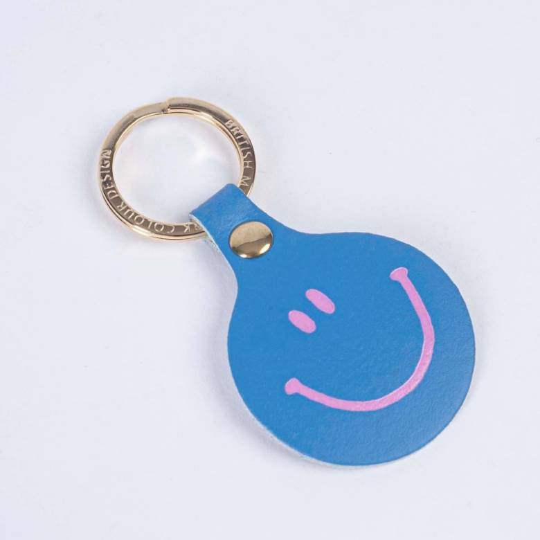 Feeling Lush Smiley Leather Keyring In Cornflower Blue