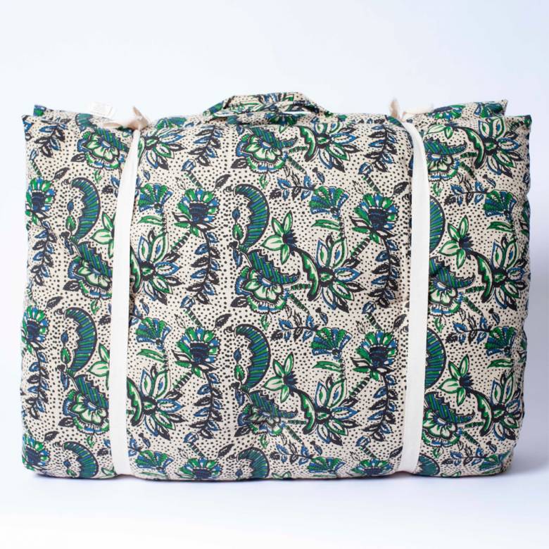 Printed Single Cotton Folding Cushion In Green Blue Block Print