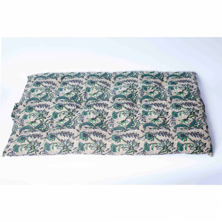 Printed Single Cotton Folding Cushion In Green Blue Block Print