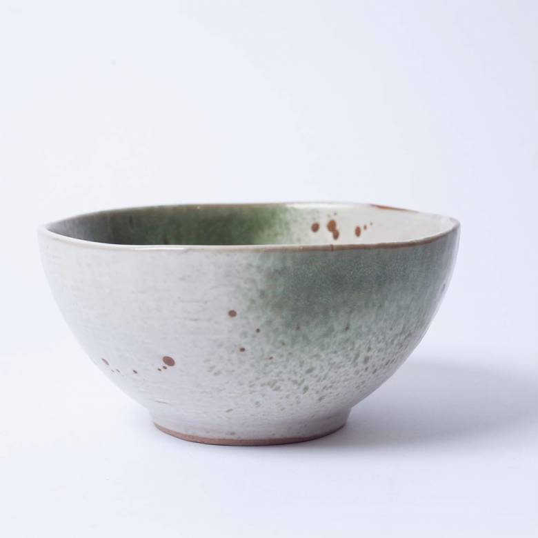 Green & White Stoneware Bowl 15x8cm