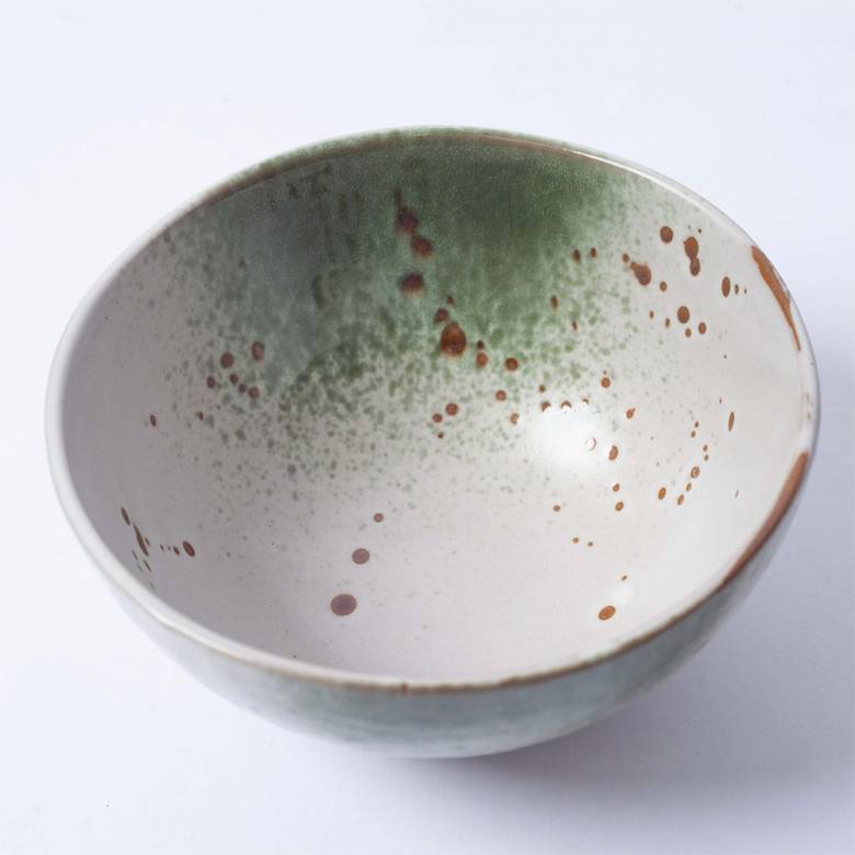 Green & White Stoneware Bowl 15x8cm