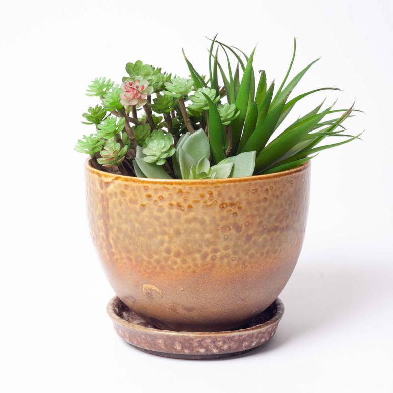 Green Reactive Glazed Stoneware Flower Pot With Saucer