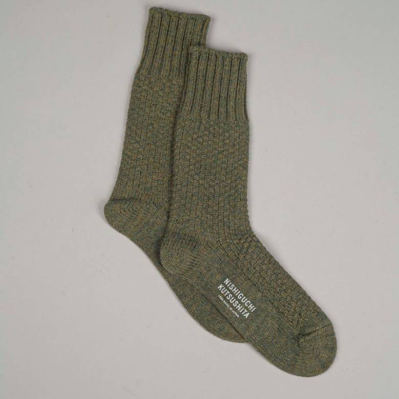 Japanese Wool & Cotton Boot Socks In Moss Green