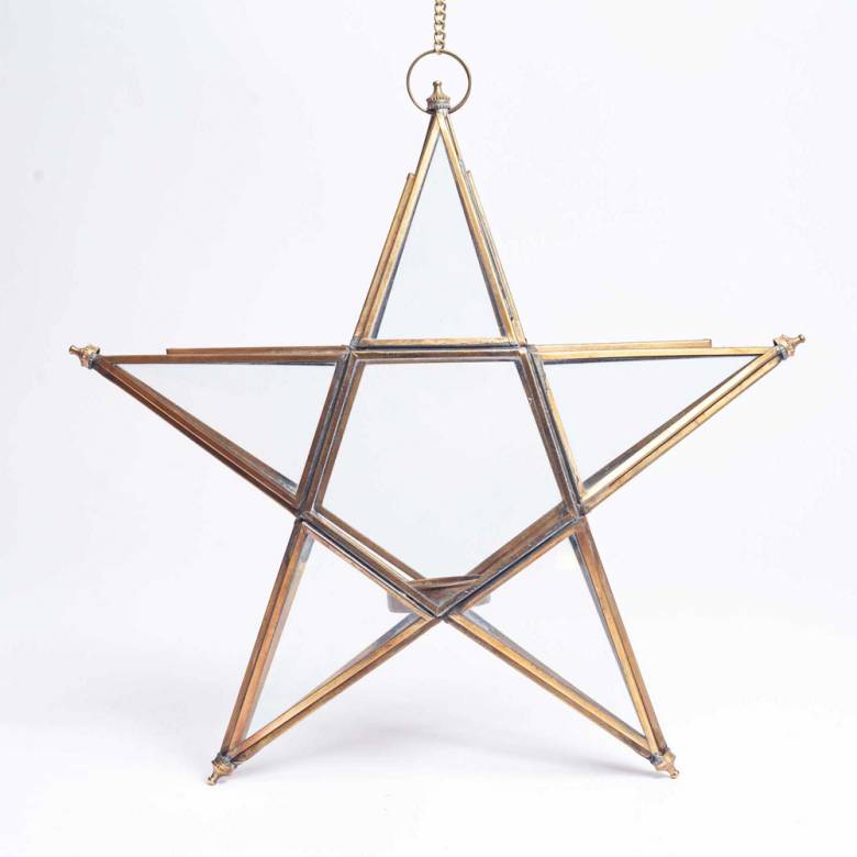 Large Glass Star Hanging Decoration In Antique Brass