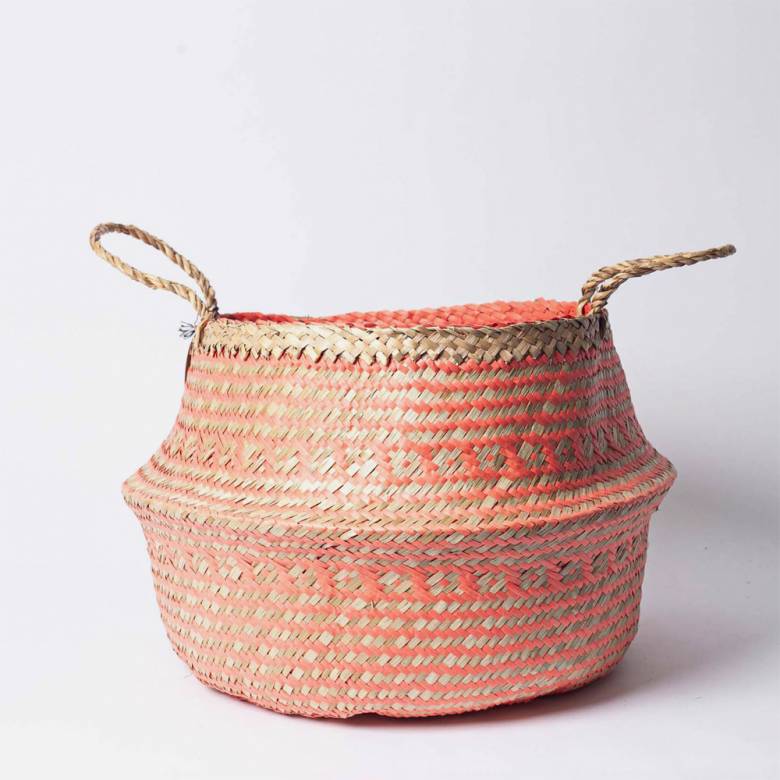 Large Round Seagrass Basket With Handles In Coral