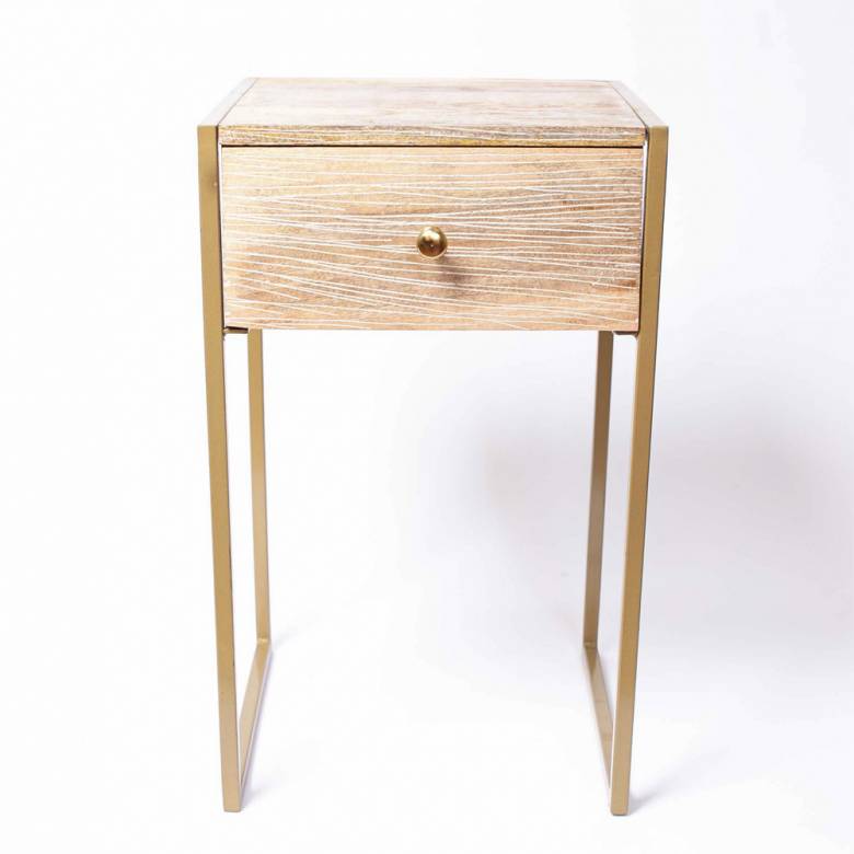 Light Wooden Bedside Table With Brass Frame & Drawer
