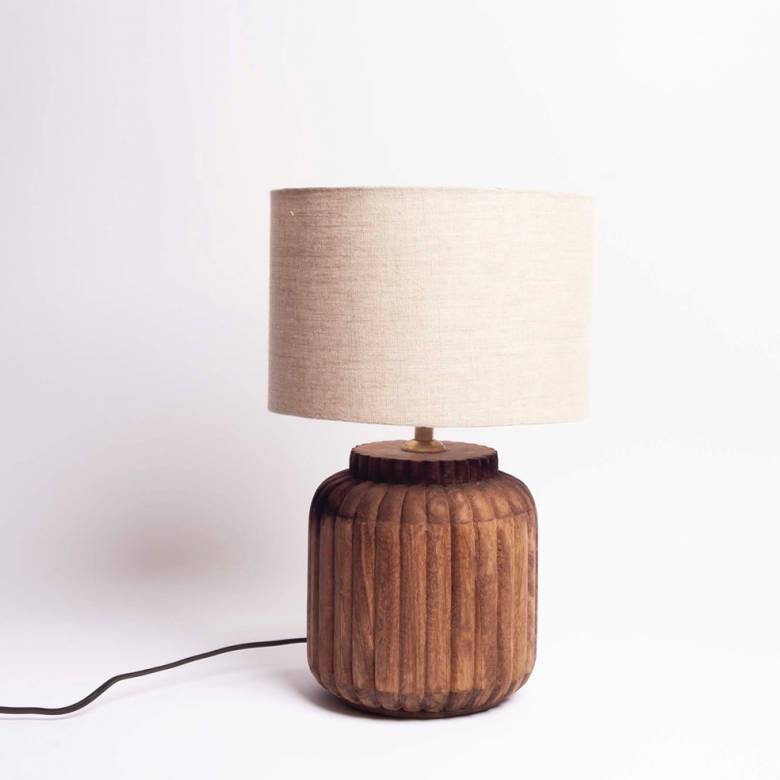 Mango Wood Ribbed Table Lamp With Linen Shade 25x42cm