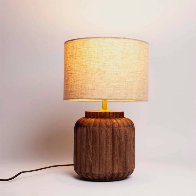 Mango Wood Ribbed Table Lamp With Linen Shade 25x42cm