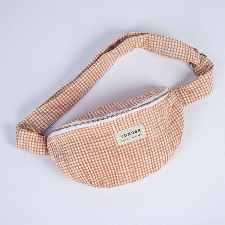 Organic Cotton Quilted Bum Bag In Toffee Gingham