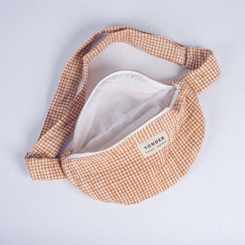 Organic Cotton Quilted Bum Bag In Toffee Gingham