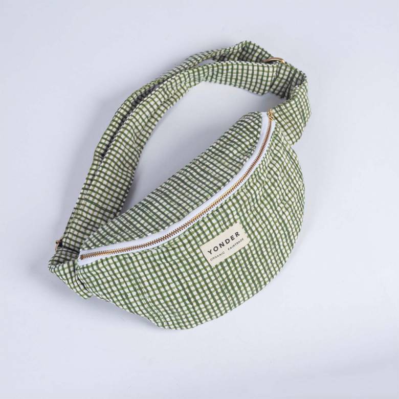 Organic Cotton Quilted Bum Bag In Khaki Gingham