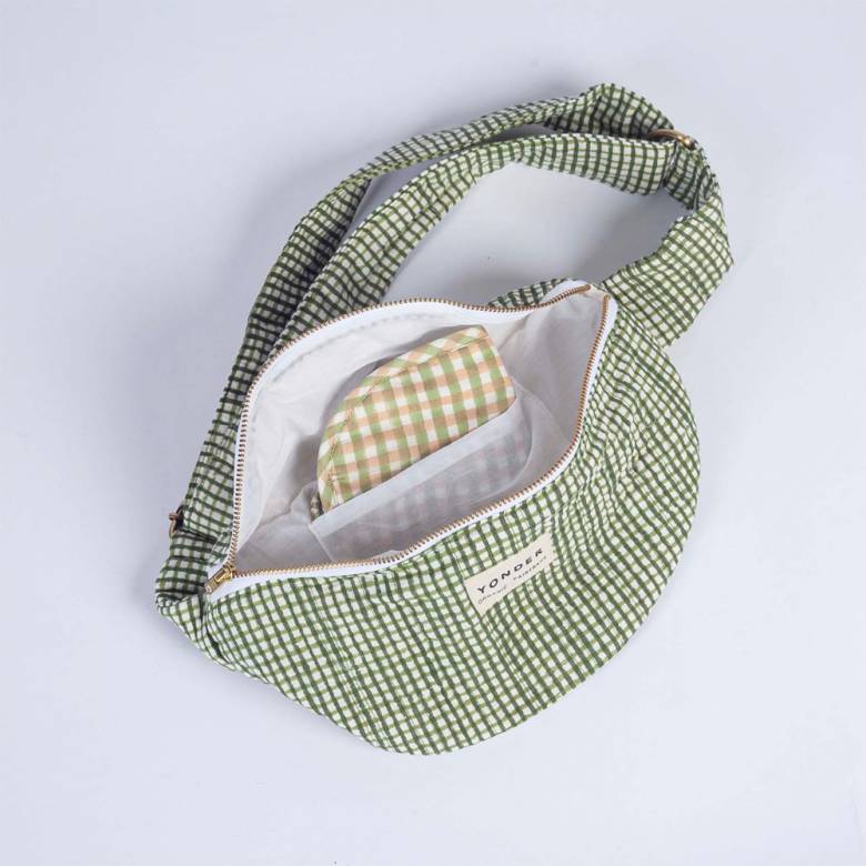 Organic Cotton Quilted Bum Bag In Khaki Gingham