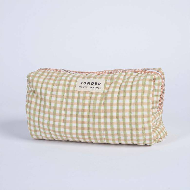 Organic Cotton Wash Bag In Sage Gingham