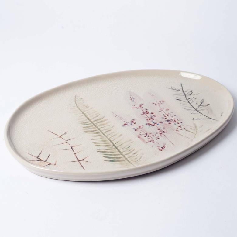 Oval Stoneware Serving Dish With Floral Imprint