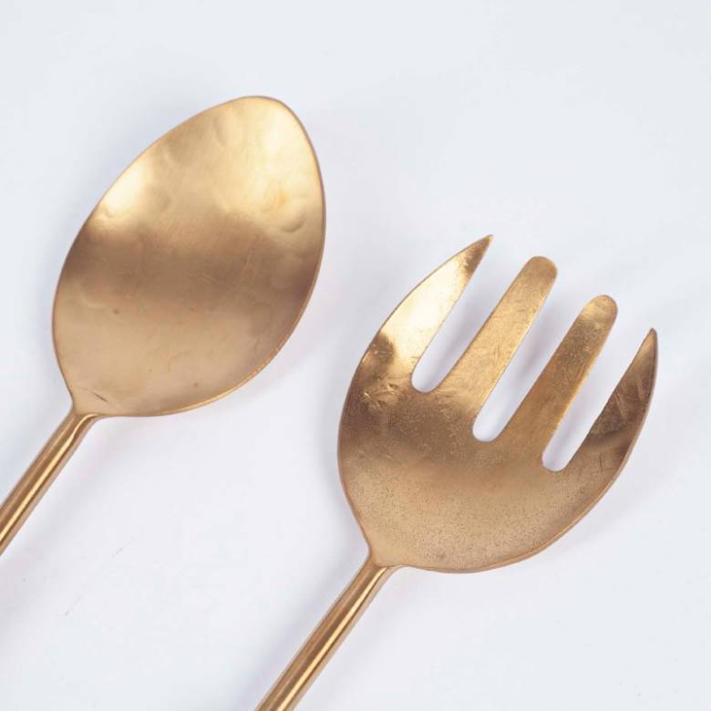 Pair Of Soni Salad Servers In Gold & Acacia Wood