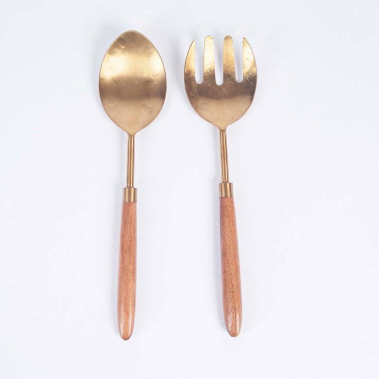 Pair Of Soni Salad Servers In Gold & Acacia Wood