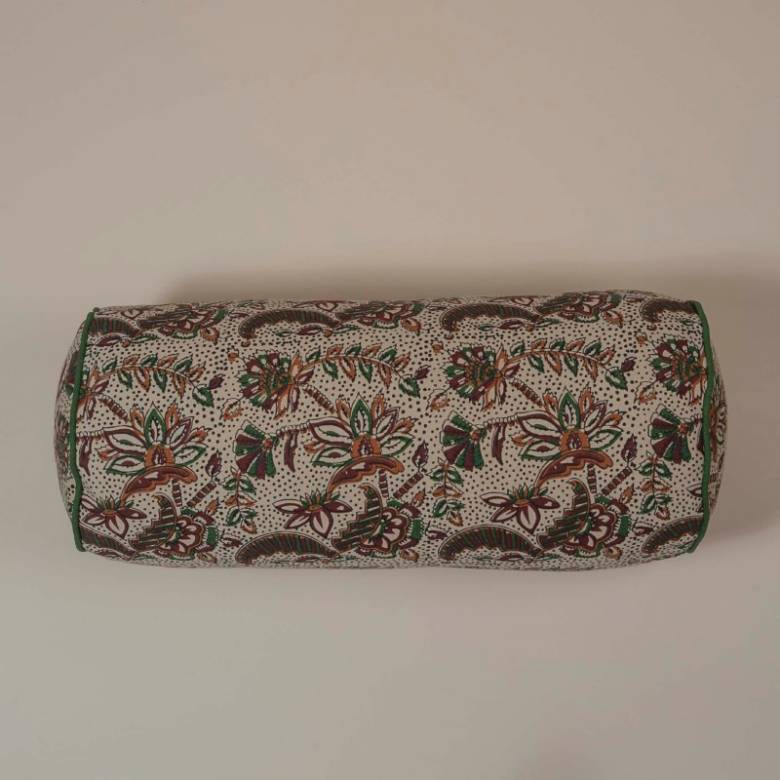 Printed Cotton Bolster Cushion In Chestnut Block Print