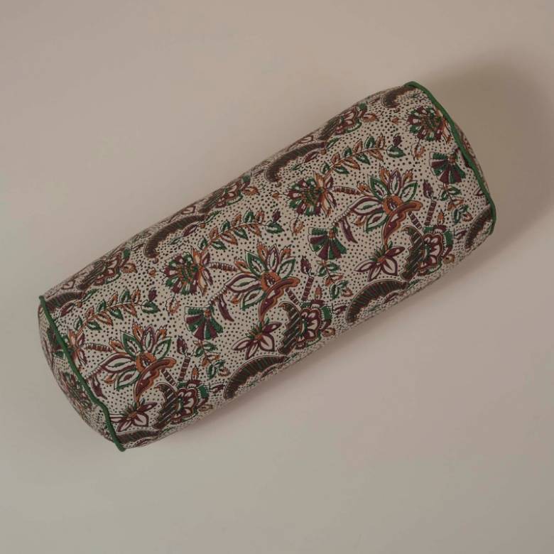 Printed Cotton Bolster Cushion In Chestnut Block Print