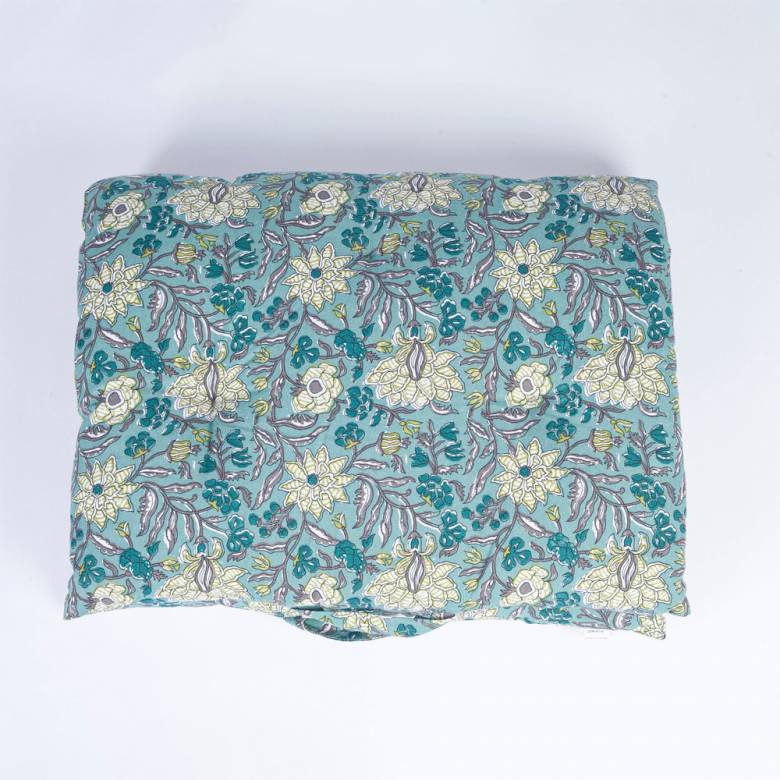 Printed Single Cotton Folding Cushion In Turquoise Block Print