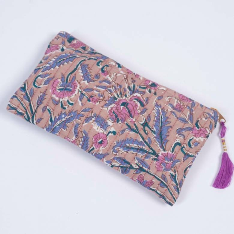 Quilted Cotton Pouch Bag In Dusty Rose Block Print