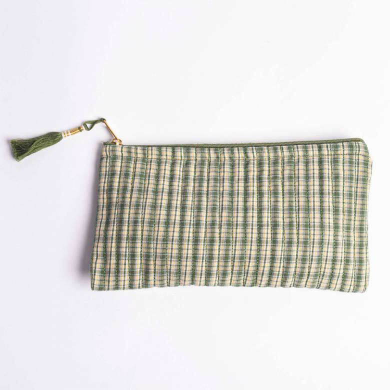 Quilted Cotton Pouch Bag In Green & Yellow Check