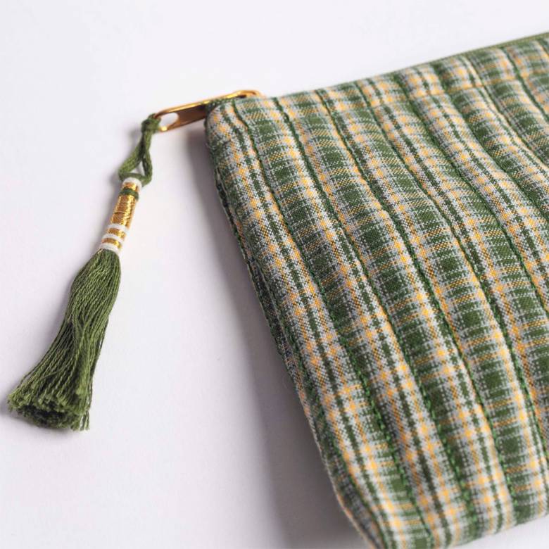 Quilted Cotton Pouch Bag In Green & Yellow Check