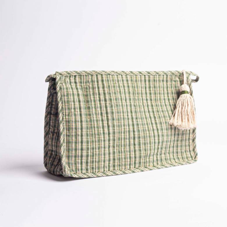 Quilted Wash Bag In Green & Yellow Check