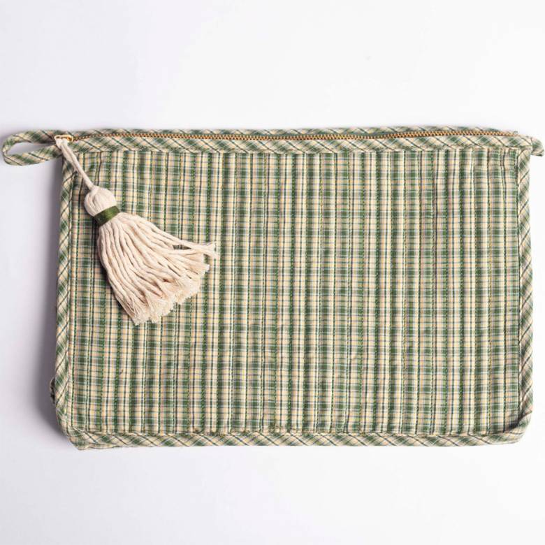 Quilted Wash Bag In Green & Yellow Check