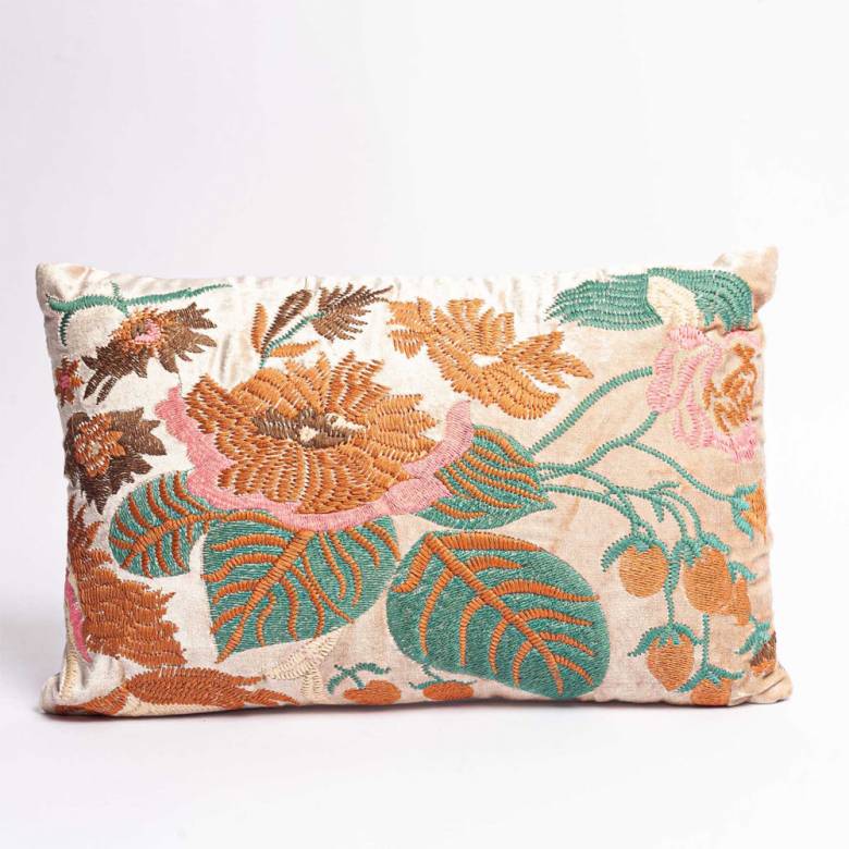 Rectangular Embroidered Cushion With Flowers & Leaves