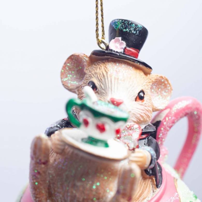 Resin Dormouse In Teapot Hanging Christmas Decoration