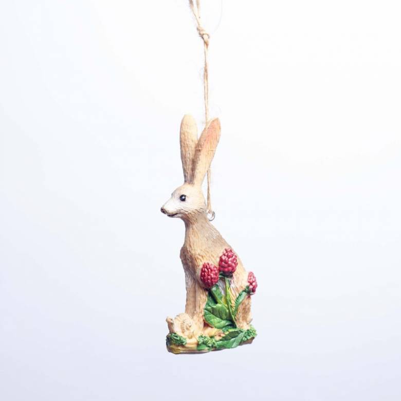 Resin Hare With Berries Hanging Christmas Decoration