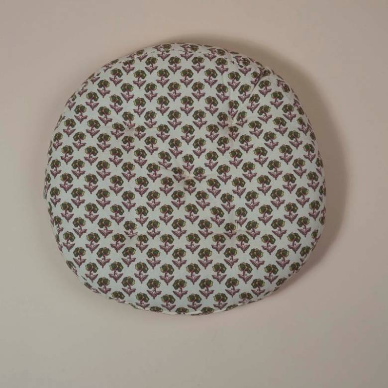 Round Seat Pad Cushion In Green & Burgundy Block Print
