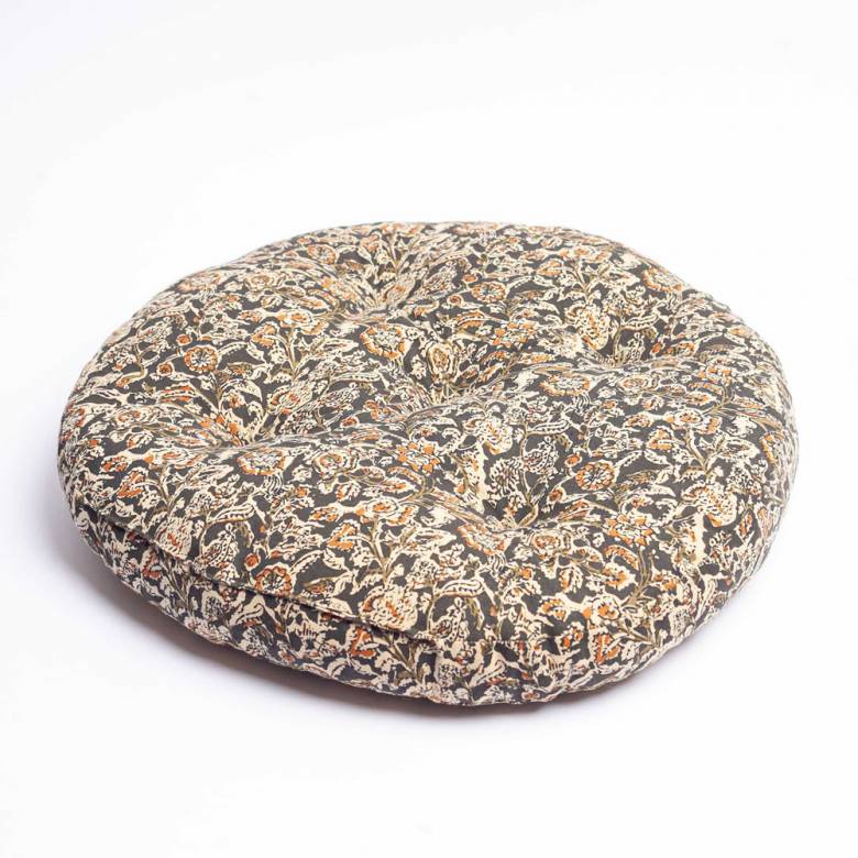 Round Seat Pad Cushion In Moss Green Block Print