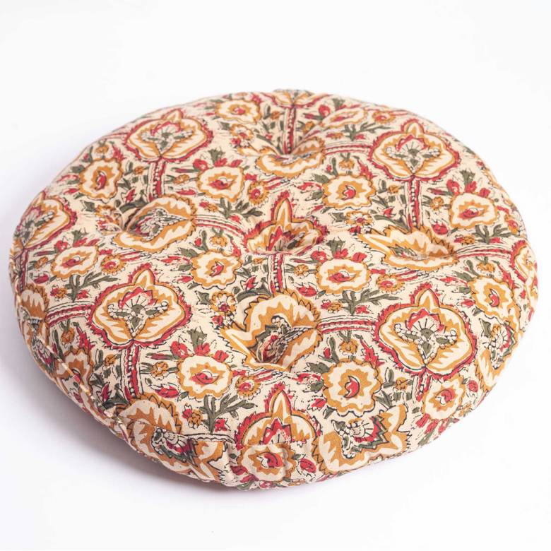 Round Seat Pad Cushion In Red, Green & Yellow Block Print