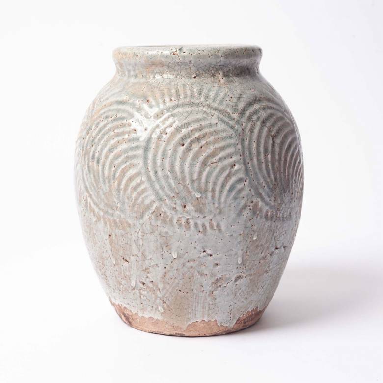 Rustic Blue Terracotta Vase With Imprinted Patterns H:22cm