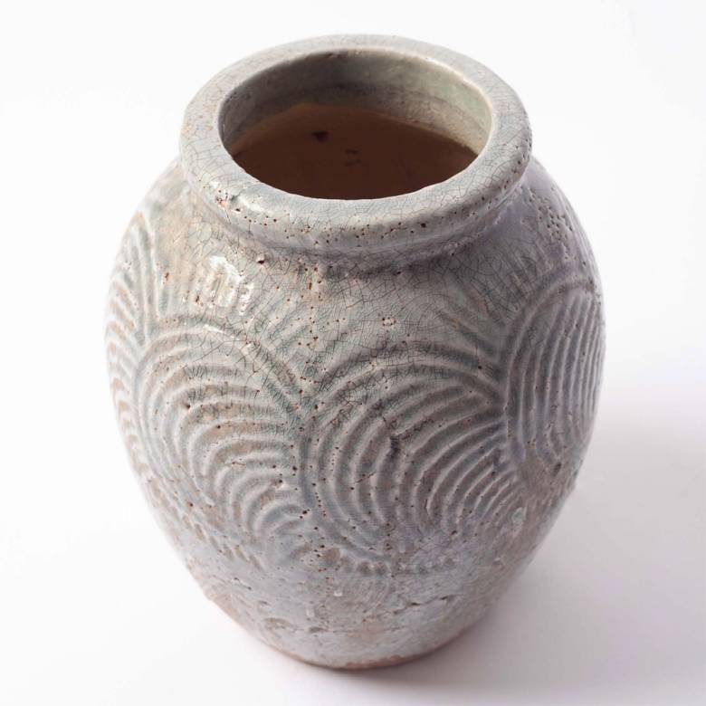 Rustic Blue Terracotta Vase With Imprinted Patterns H:22cm
