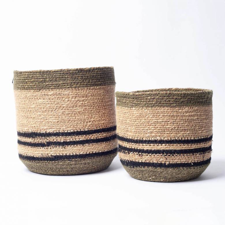 Set Of 2 Seagrass Baskets With Stitching In Olive Green