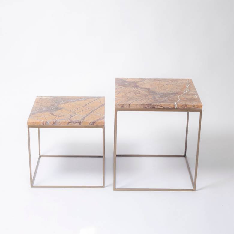 Set Of 2 Square Side Tables In Brown Marble & Brass