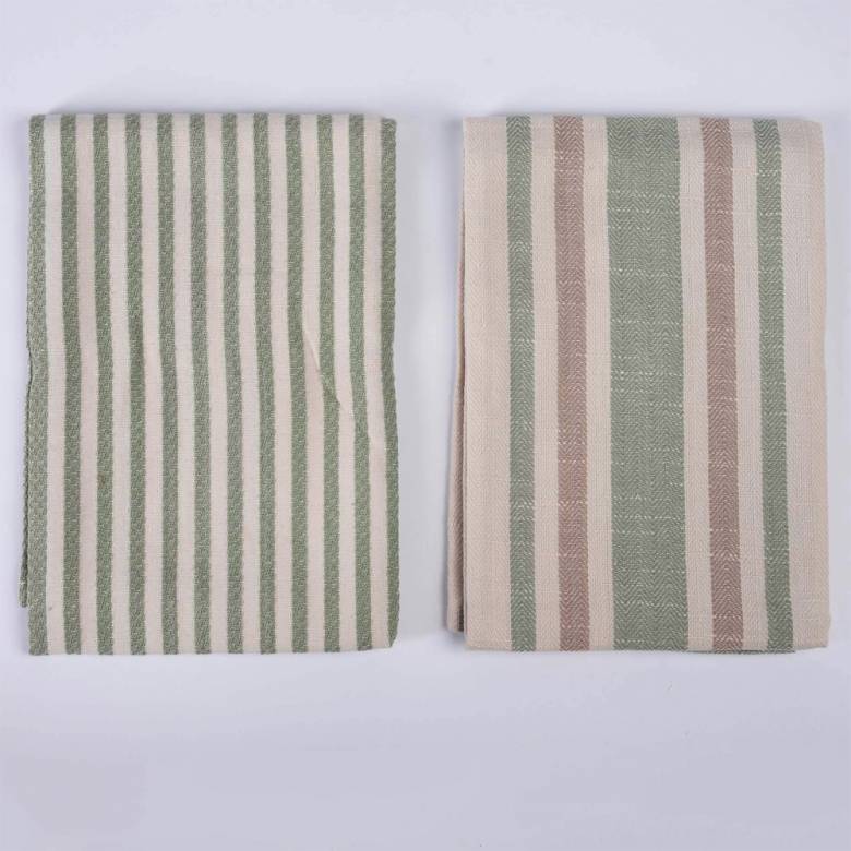 Set Of 2 Tea Towels In Green & Brown Stripe