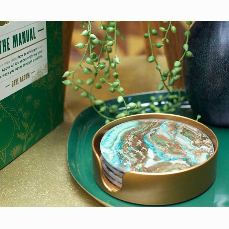 Set Of 4 Green Marble Effect Glass Coasters In Holder