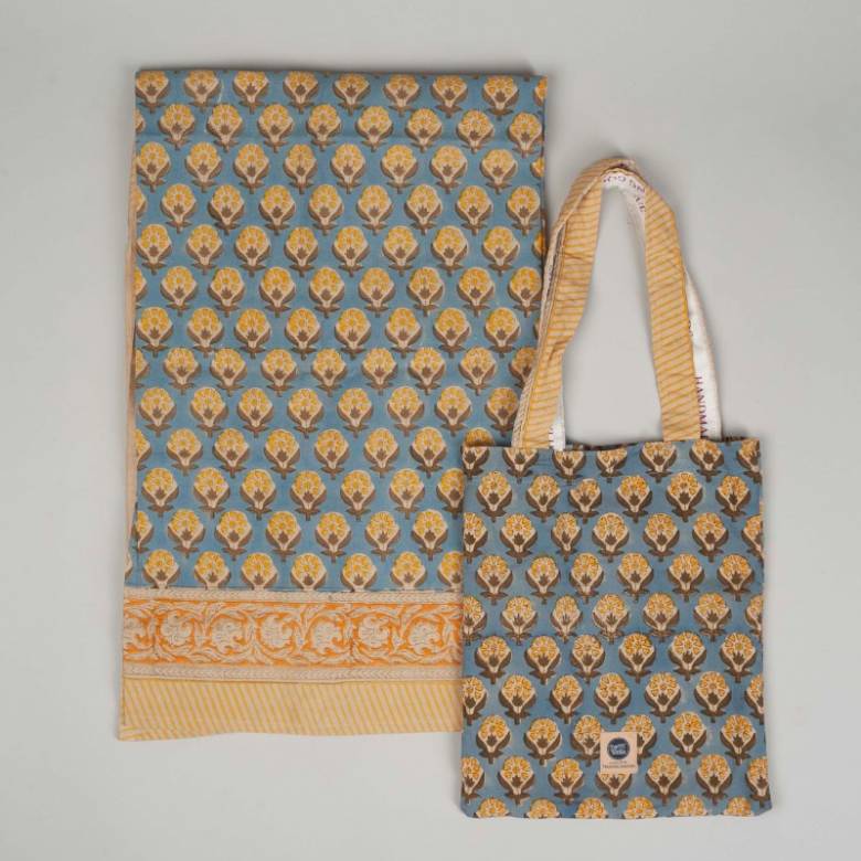 Single Sized Cotton Throw In Tote Bag - Blue Emma Print