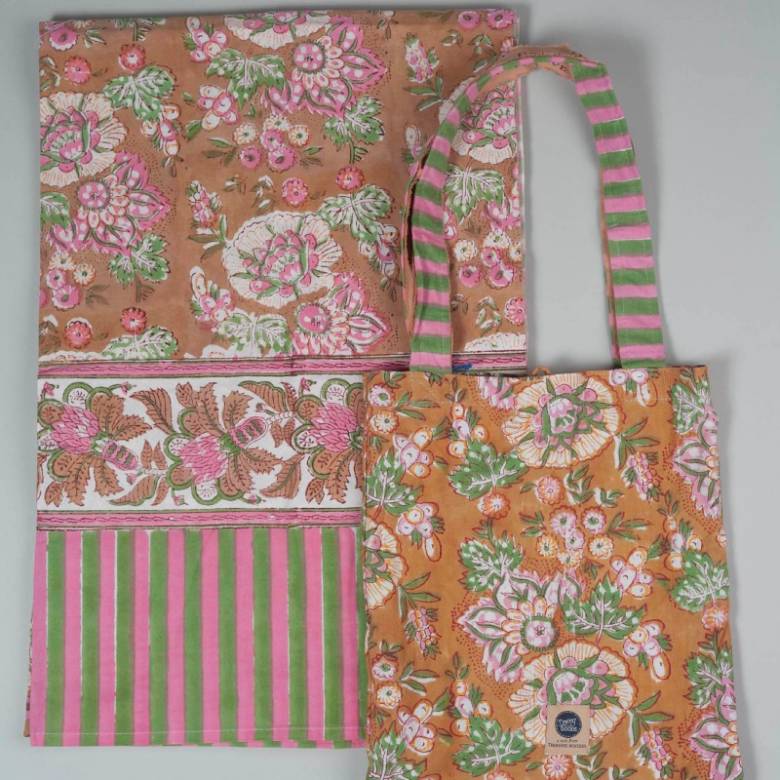 Single Sized Cotton Throw In Tote Bag - Marigold Print