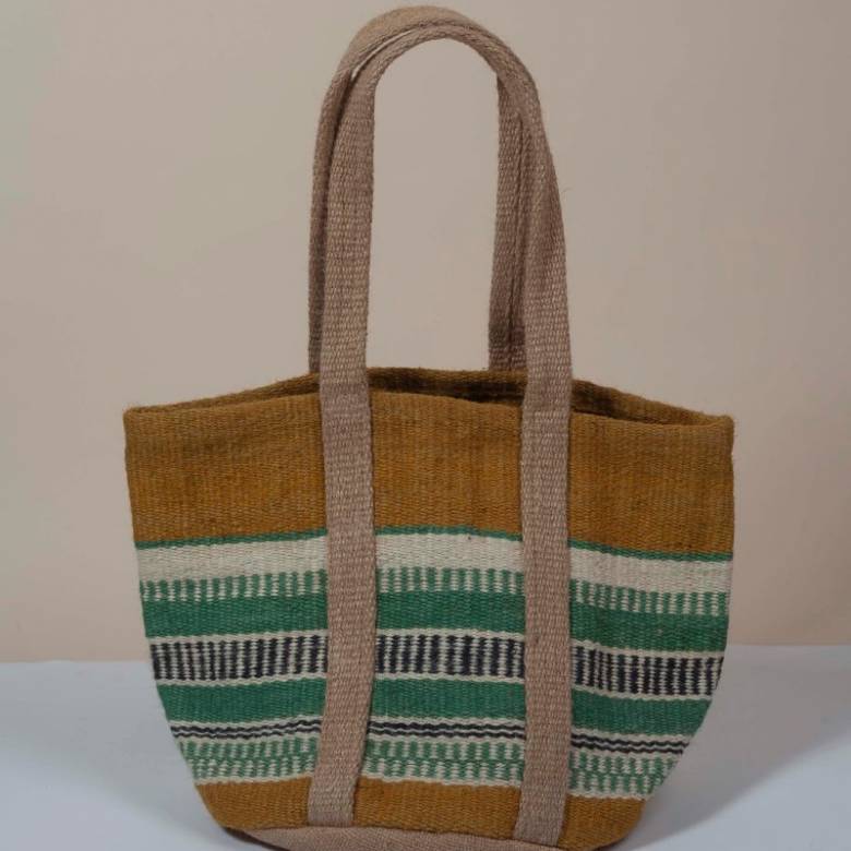 Small Jute Basket With Handles In Mustard & Aqua