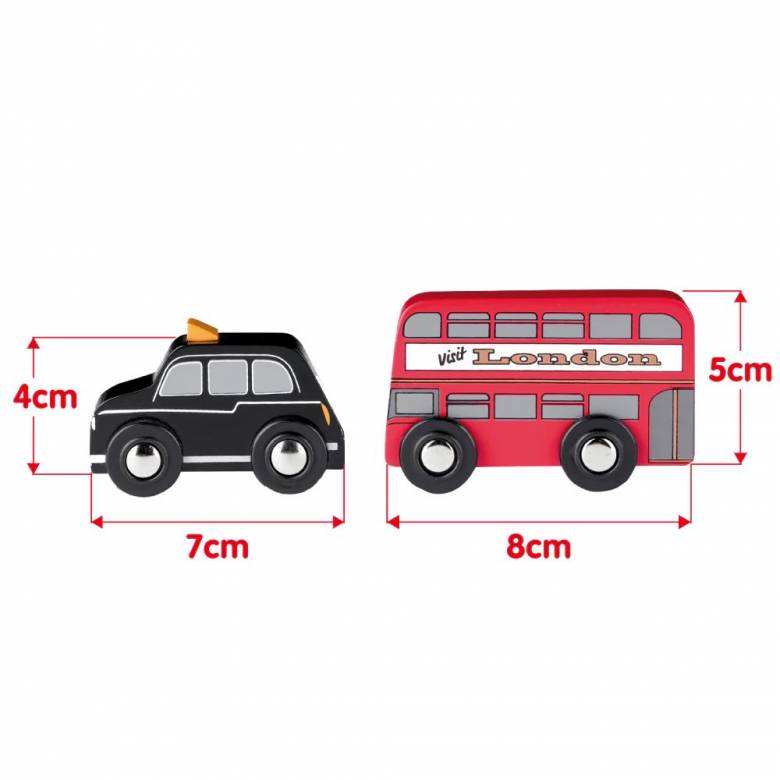 Small Wooden London Double Decker Bus And Black Cab Set 3+