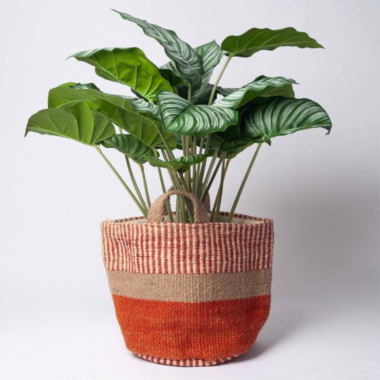 Small Jute Storage Basket In Rust & Beige Stripe 20x20cm