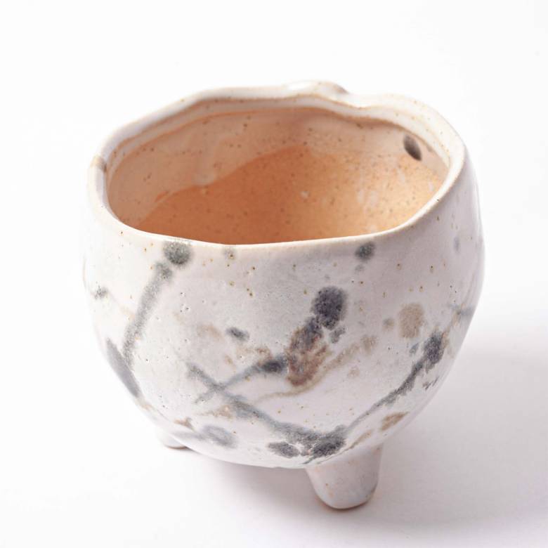 Small Mottled Stoneware Pot In Grey & Taupe On Tripod Legs