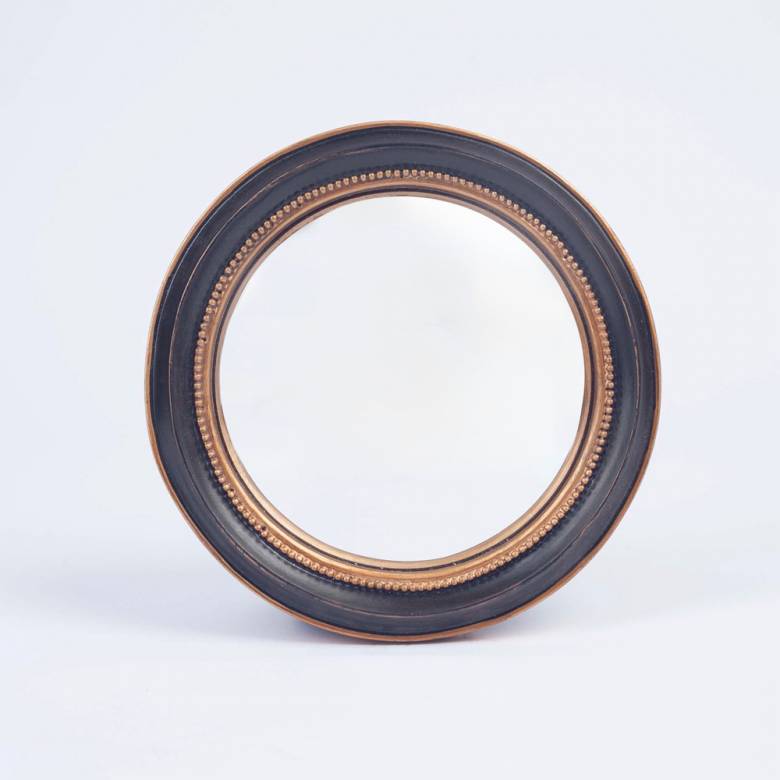 Small Round Black & Gold Convex Mirror With Beading D:19cm