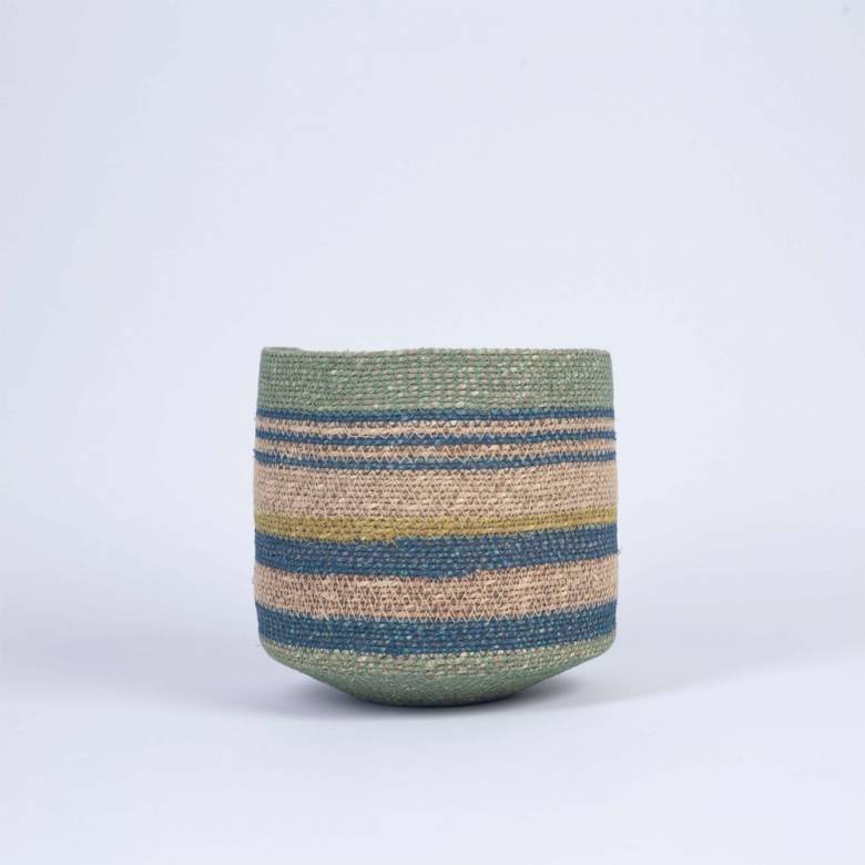 Small Seagrass Basket With Blue Stripes & Aqua Trim H:21cm
