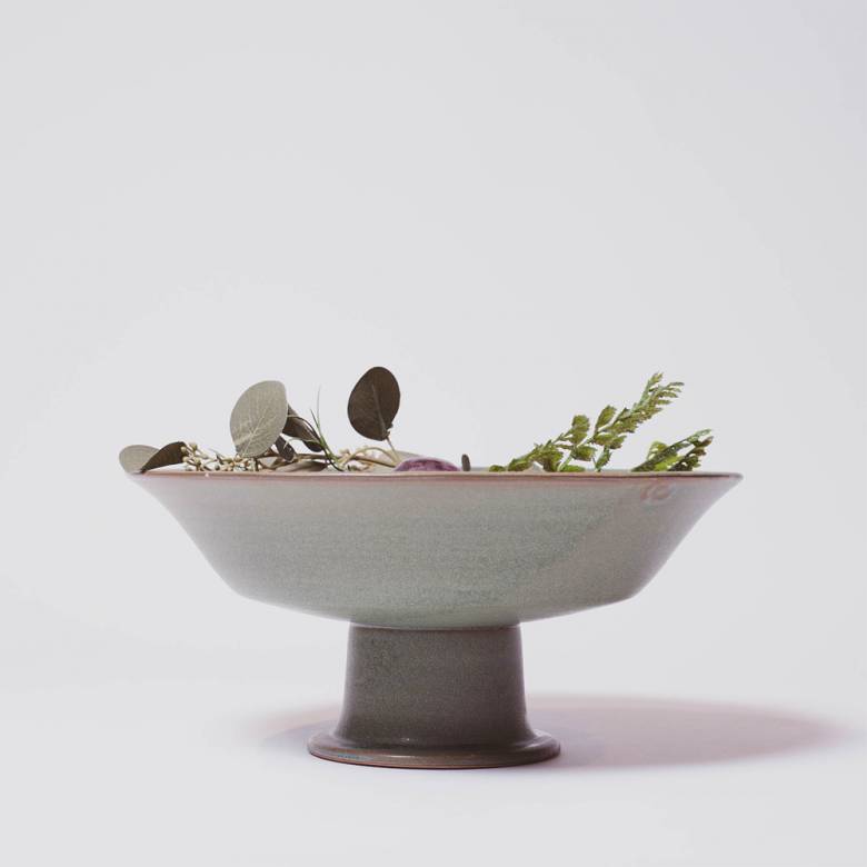 Large Green Stoneware Bowl On Plinth H:14cm